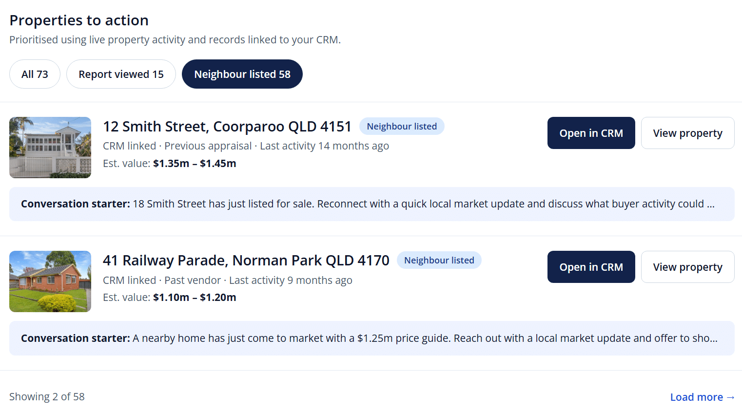 Patch Listings you missed: CRM properties that listed with another agent, with price changes, estimated commission and next steps