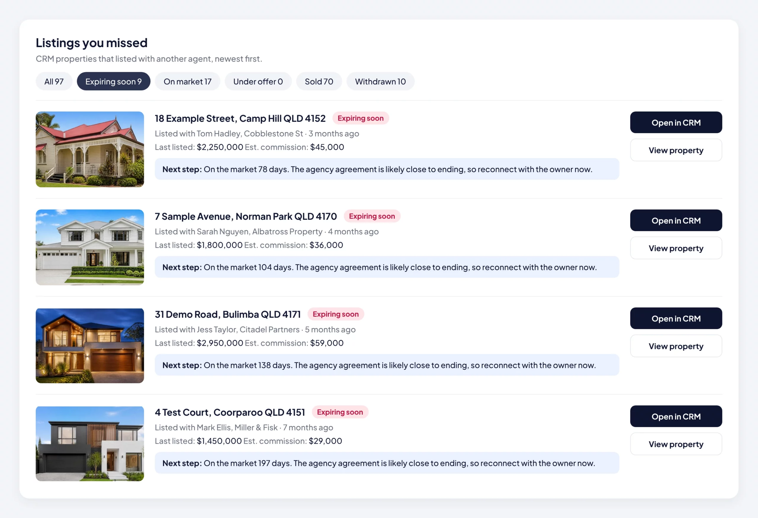 Patch listings you missed: CRM properties that listed with another agent, filtered to expiring soon, with estimated commission and a next step for each