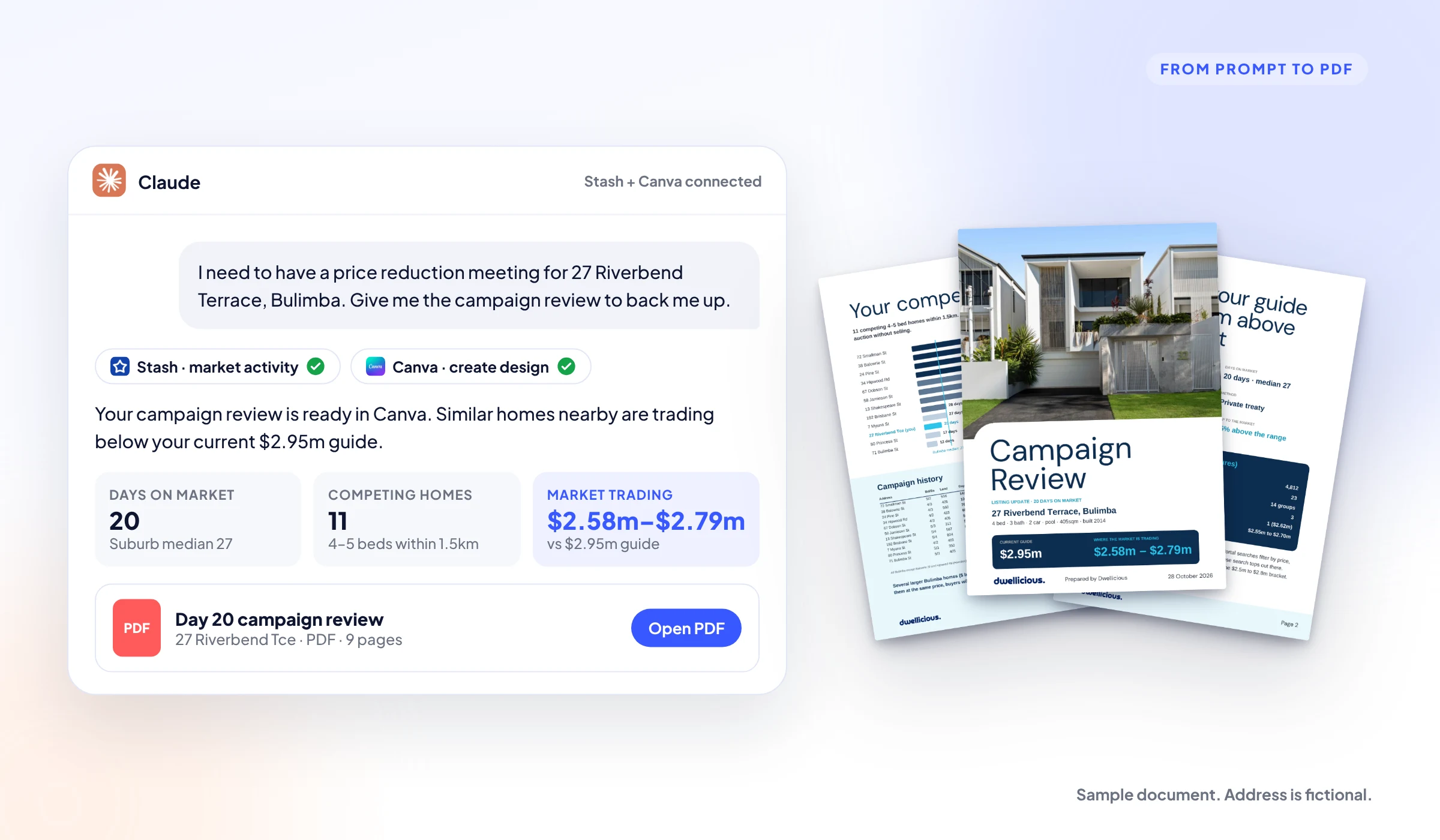 Claude conversation using Stash and Canva to create a Day 20 campaign review PDF