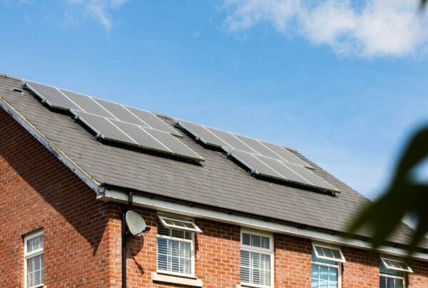 Brick house with rooftop solar panels